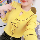 Women Spring Summer Style Chiffon Blouses Shirts Lady Casual Long Sleeve Ruffles Decor Stand Collar Chiffon Blusas Tops DF3148
