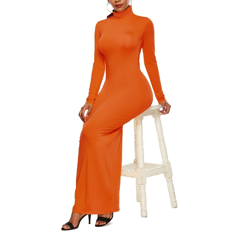 Turtleneck Long Dress Autumn Winter Muslim Elegant Office Lady Skinny Long Sleeve Bodycon Casual Dress Women Midi Clubwear