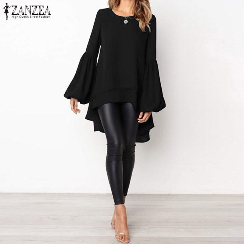 Women Blouse ZANZEA Autumn Crew Neck Lantern SleeveShirt Casual Solid Blusas Femininas Long Tops Tunic Asymmetrical Hem Blouses