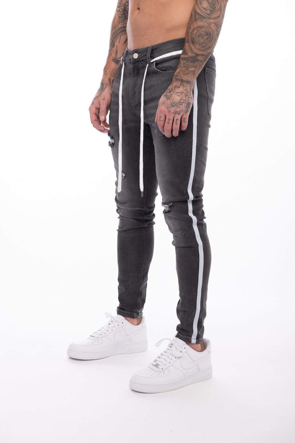 Skinny ripped jeans men Pants Pencil Biker Side Striped Jeans Destroyed Hole Hip Hop Slim Fit Man Scratched Jean Hombre Pantalon