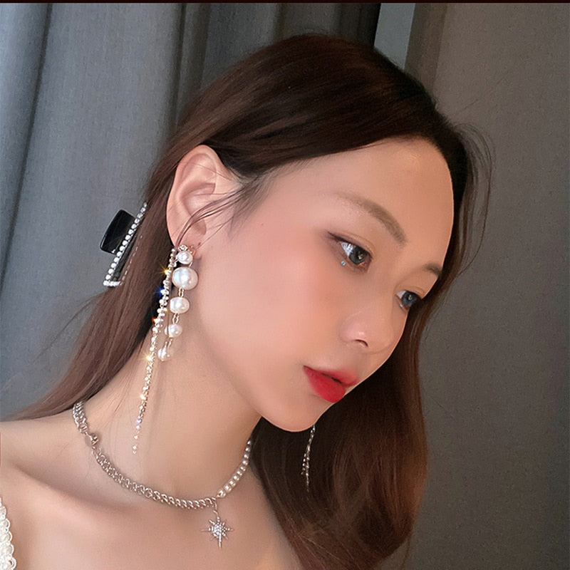 Long Dangle Earrings for Women 2022 Fashion Full Crystal Simulated Pearl Tassel Drop Earring Vintage Gold Brincos Jewelry