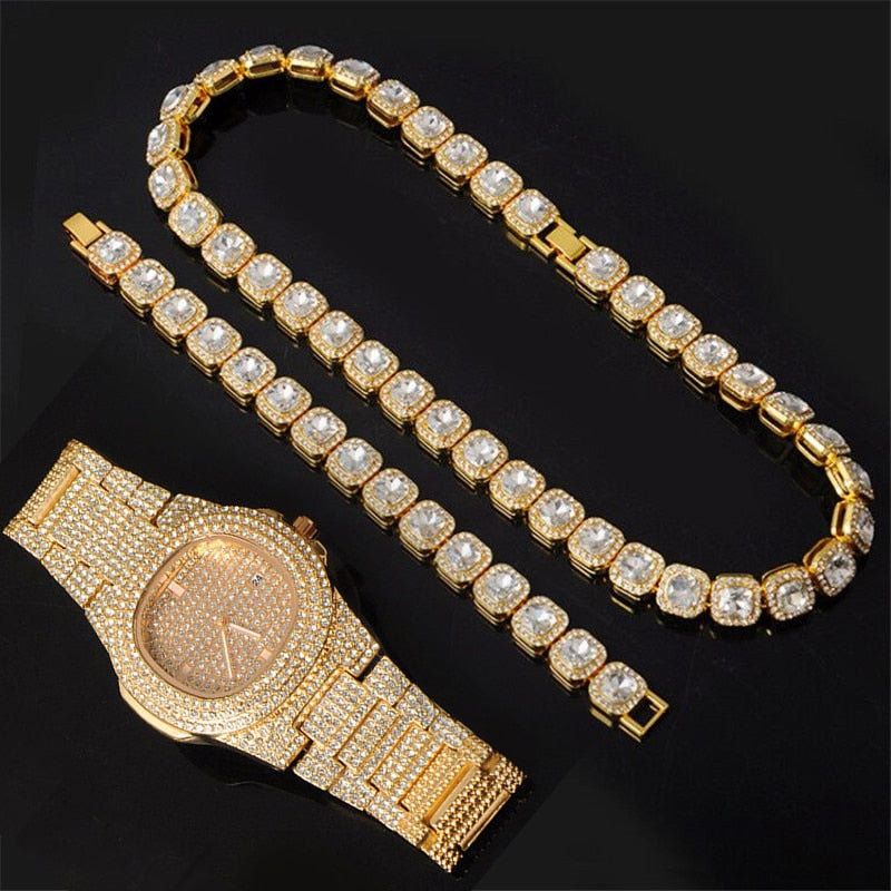 HIP 12MM Prong Tennis Necklace +Baguette Watch+Bracelet Hip Hop Chain Iced Out Bling Paved Rhinestones CZ Bling For Men Jewelry