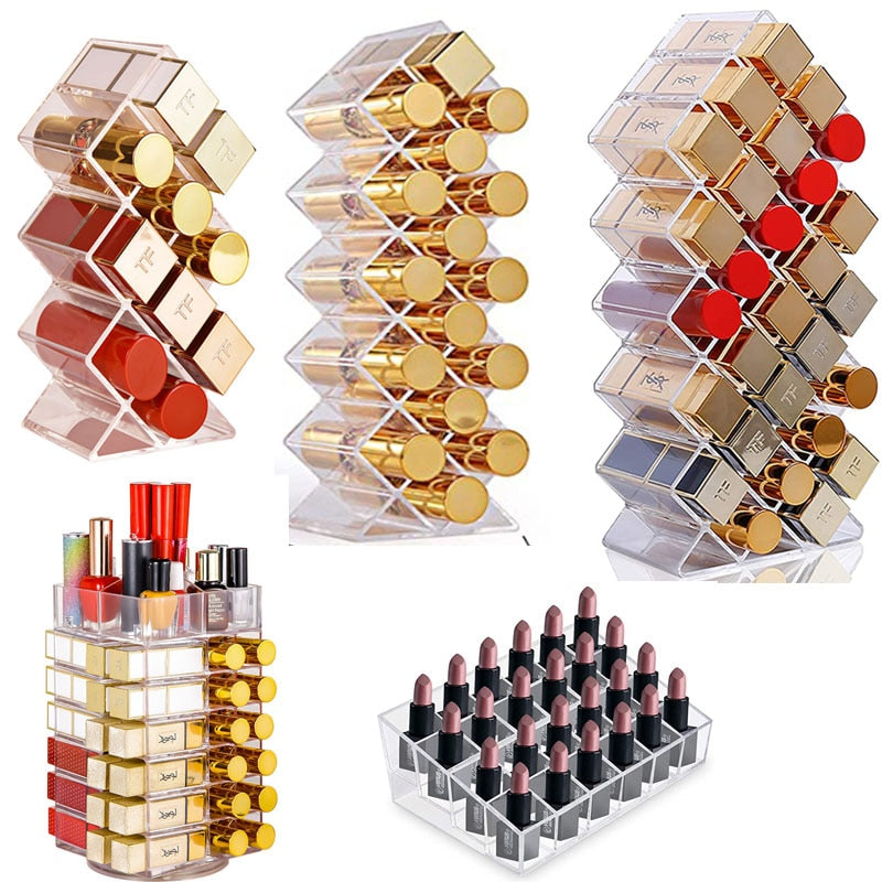 Lipstick Holder Make-up Organizer Cosmetic Storage Box Lip Gloss Storage Rotating Display Stand Transparent Plastic Storage Box