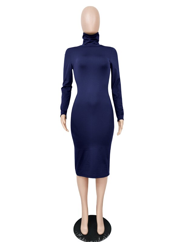 Winter Black Turtleneck Sexy Women Dress Autumn Long Sleeve Skinny Midi Boydcon Casual Blue Plush Knee-Length Party Club