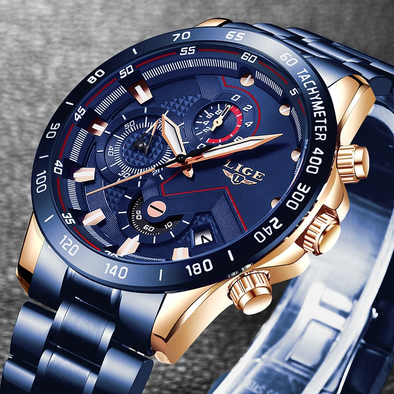 LIGE 2020 New Fashion Mens Watches with Stainless Steel Top Brand Luxury Sports Chronograph Quartz Watch Men Relogio Masculino