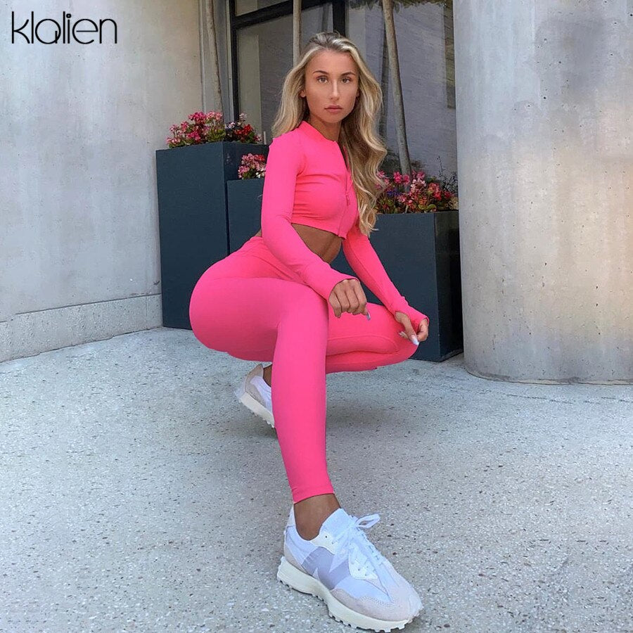 KLALIEN Fashion Casual Simple Solid Sports Two Piece Set Autumn Long Sleeve Zipper Top and Pant Female Tracksuit 2020 Streetwear