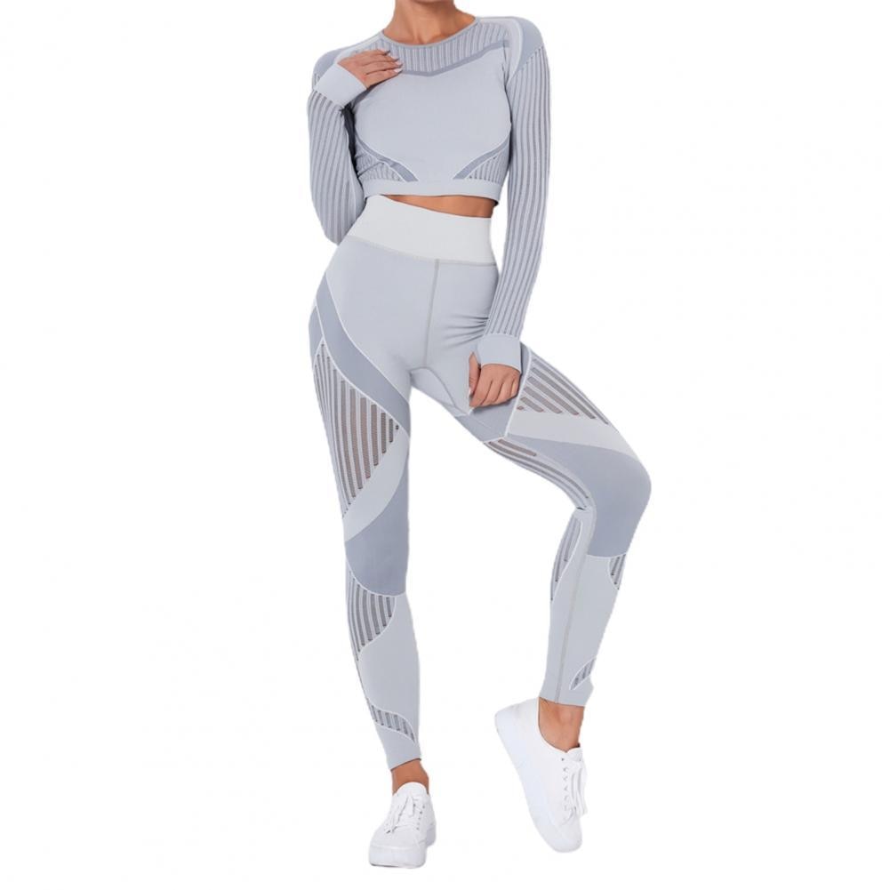 Tracksuit Women Solid Color Yoga Outfit Seamless Two Piece Striped Women Blouse Leggings Set Female Tights Women's Clothing