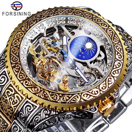 Forsining Mechanical Watch Men Tourbillon Automatic Wristwatch Luxury Hollow Waterproof New Mens Fashion Watches With Moon Pash