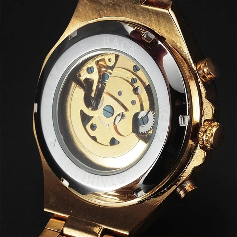 2022 WINNER Men Gold Watches Stainless Steel Band Automatic Mechanical Watch Male Skeleton Wristwatch Luxury Brand Sports Design