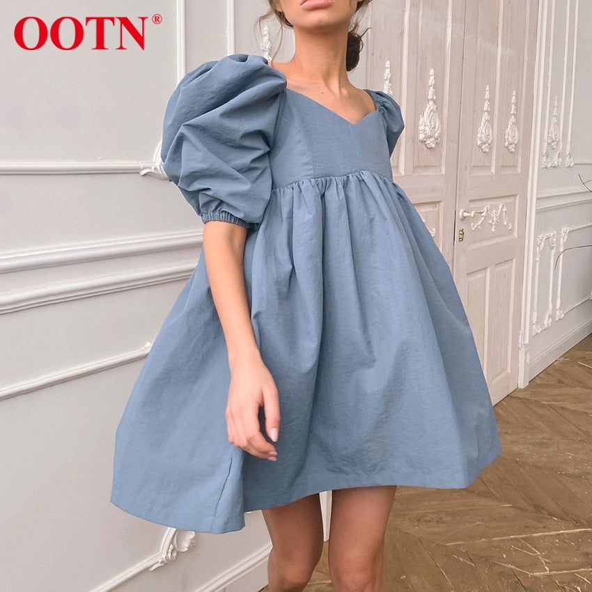 OOTN Square Neck Sexy Summer Mini Dress Short Sleeve Female High Waist Black Loose A Line Women Dress Puff Sleeve Blue Cotton