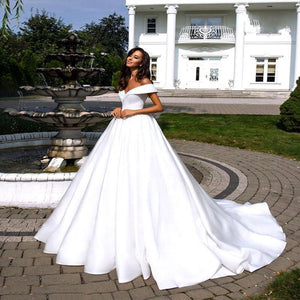 MYYBLE 2021 Pure White Elegant Satin A-Line Wedding Dress With Folden V-Neckline Off The Shoulder Lace Up Wedding Gown