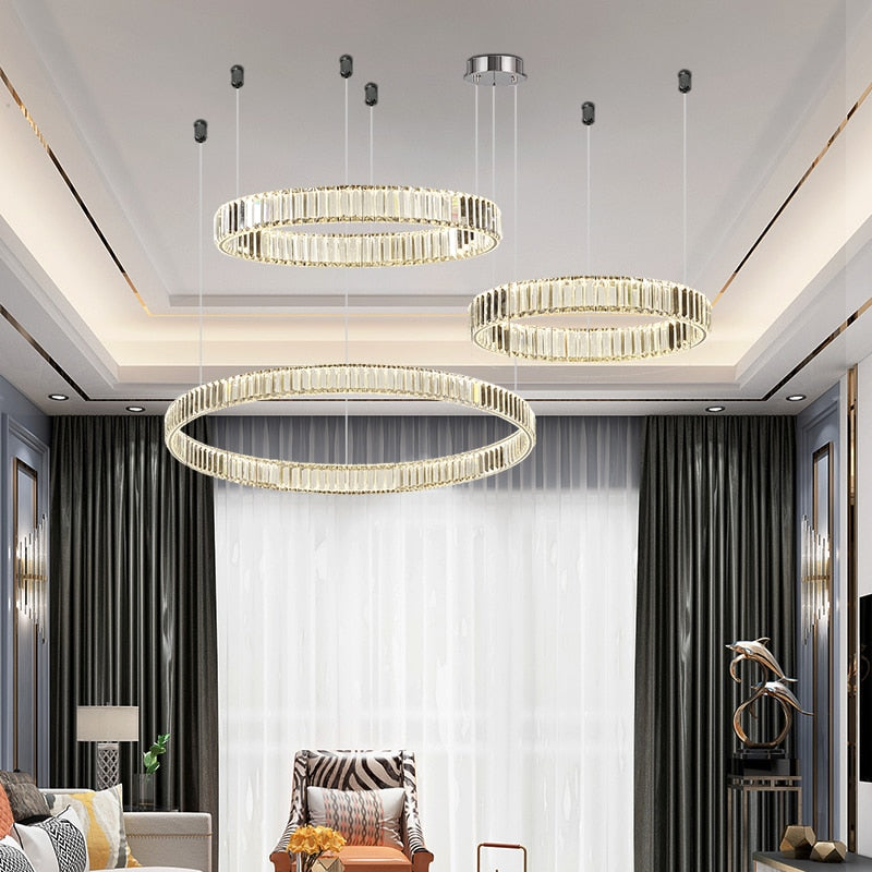 Modern Chrome Gold Steel Led Chandelier Villa Stairs Dimmable Circle Chandelier Lighting Foyer Hanging Chandelier Lamp Fixtures