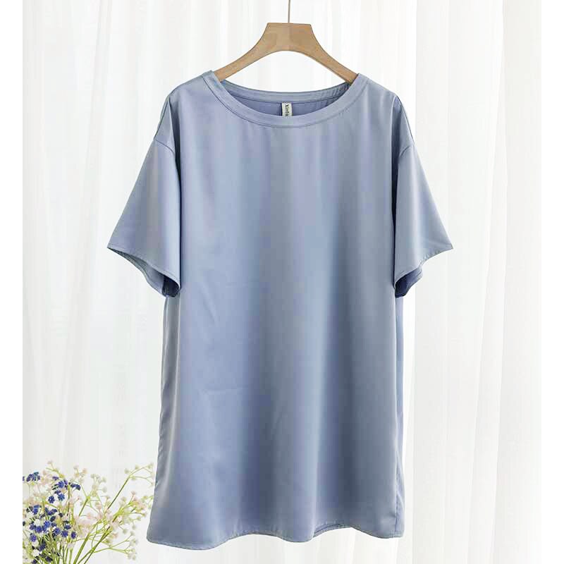 Oversize Satin Women Long T-Shirts 2020 Fashion Casual Loose O Neck Short Sleeve Streetwear Ladies Tops M30665