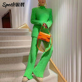 SpotLtWM Cotton Casual Women Knitted Two Piece Sets Ladies Slim Outfits Solid Striped Turtleneck Sweater And Elastic Pant Suits