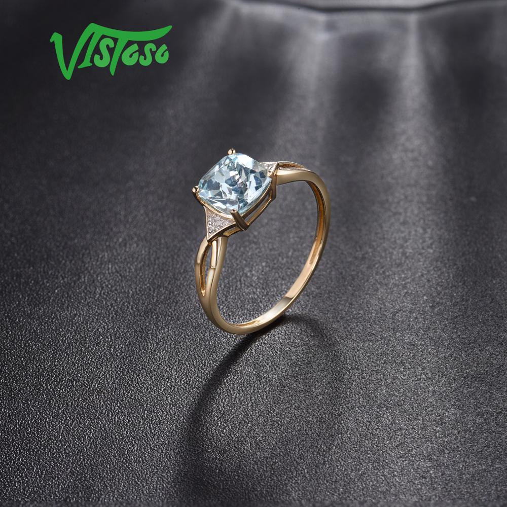 VISTOSO Pure14K 585 Yellow Gold Ring For Women Sparkling Diamond Limpid Blue Topaz Anniversary Classic Fine Jewelry