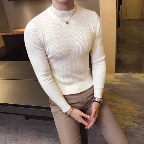 New Autumn Winter High Collar Striped Sweater Fashion Boutique Solid Color Men's Casual Knit Pullover Tight Fashion Mens Sweater