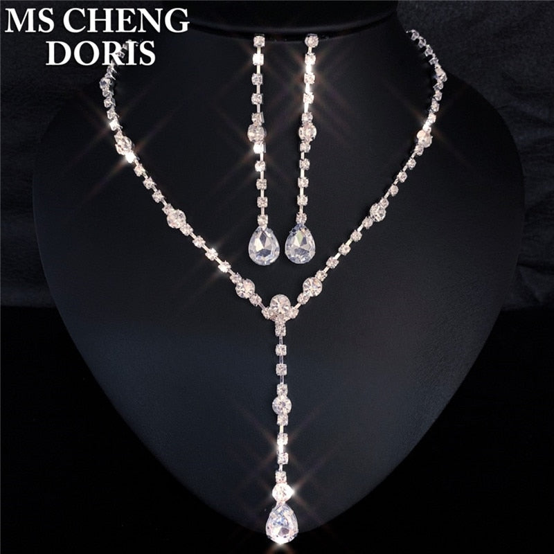 Water Drop Rhinestone Long Pendant Full Crystal Silver Plated Necklace & Earrings Elegant Bridal Wedding Jewelry Set