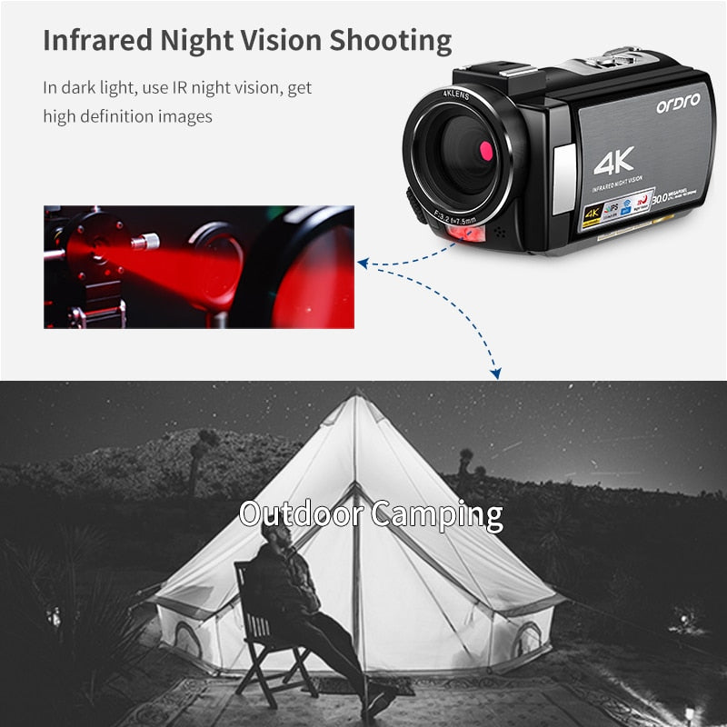 Camcorders Video Camera 4K Professional for Blogger, Ordro AE8 IR Night Vision WiFi Filmadora Full HD Digital Cameras YouTuber