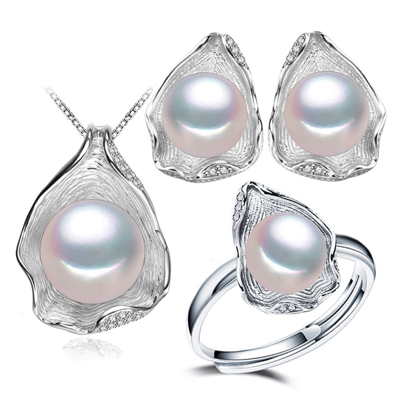 FENASY 925 Sterling Silver Pendant Necklace Natural Pearl Jewelry Sets For Women Classic Stud Earrings Fashion Party Rings