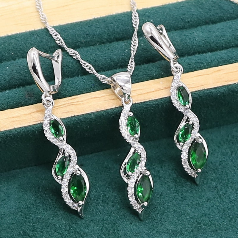 Marquise Green Emerald 925 Sterling Silver Jewelry set for Women Bracelet Earrings Necklace pendant Ring