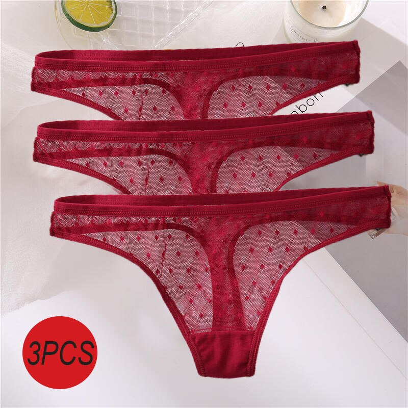 3PCS/Set Sexy Panties Women G-String Thong Lace Underwear Pantys Low-Waist Female Underpants Mesh Perspective Briefs Lingerie