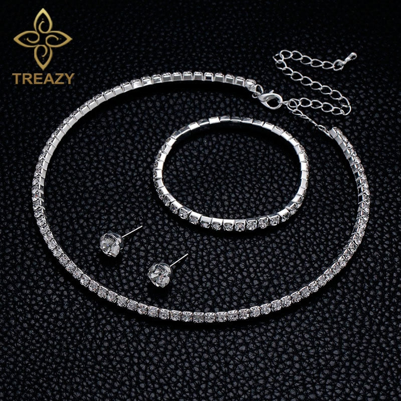 TREAZY Classic Rhinestone Crystal Choker Necklace Earrings and Bracelet African Wedding Jewelry Sets Bridal Wedding Accessories