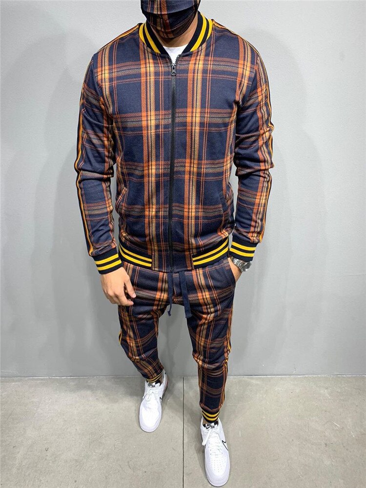 2021 New gyms Men's Sets 2 Pieces Sets Tracksuit Men's Jackets+Pants suit Sportwear Gentlemen Plaid Mens Sports Suit men Clothes