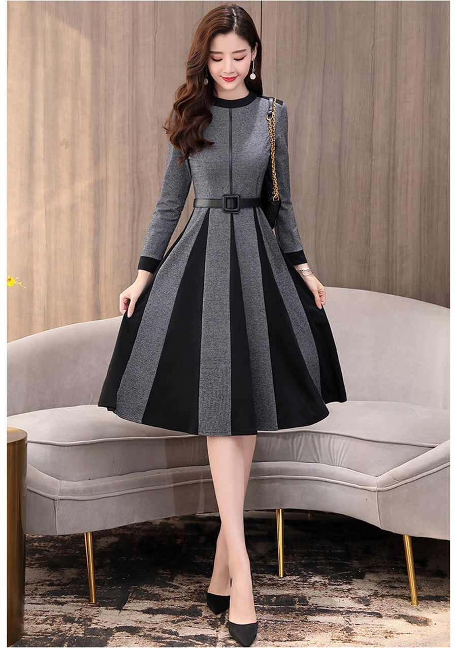 Casual Little Plaid Spliced Hem Pleated A-Line Dresses Women Fall Vintage Belted Long Sleeve Dress Elegant Knee-Length Vestidos