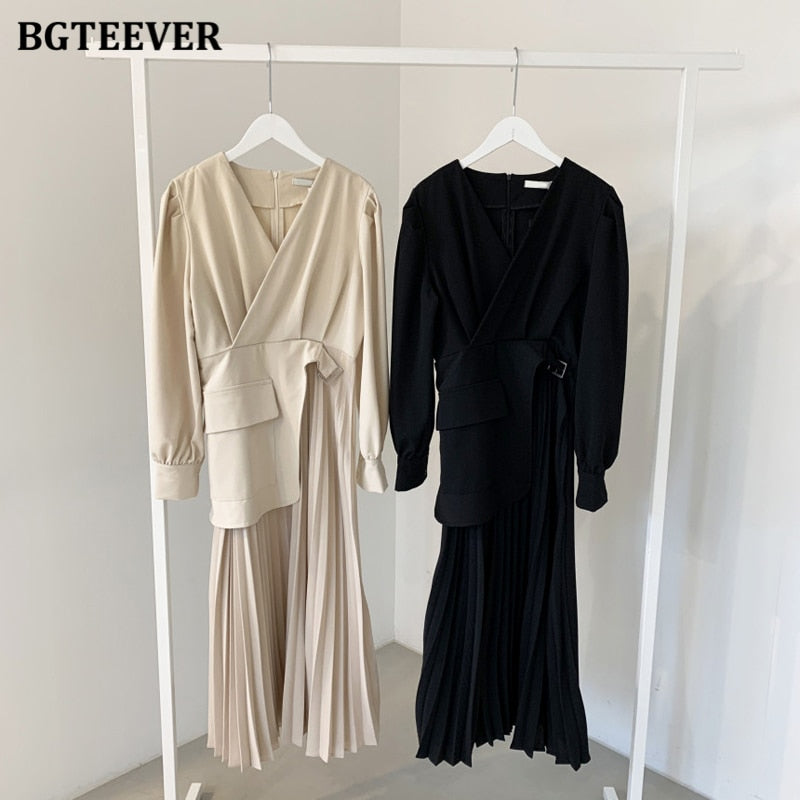 BGTEEVER Casual V-neck Slim Waist Belted Female Dress 2021 Spring Elegant Full Sleeve Women Pleated Vestidos Ladies Midi Dress