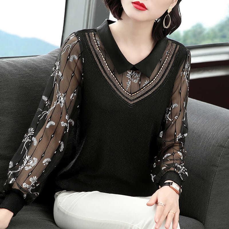 Women Spring Autumn Style Mesh Lace Blouses Shirts Lady Casual Long Sleeve Peter Pan Collar Patchwork Blusas Tops ZZ0656