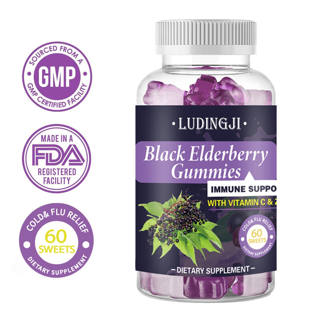 Sambucus Elderberry Gummies Black Elderberry Sweets with Vitamin C and Zinc Immune System Booster Supplements