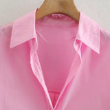 KONDALA Women Spring Shirts Za Chic Pink Solid Oversized Button Long Shirts Fashion 2021 V Neck Mujer Tops Casual Blouses