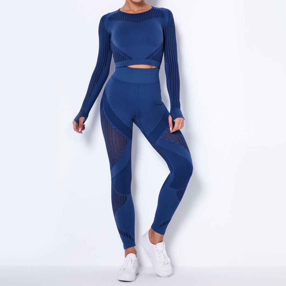 Tracksuit Women Solid Color Yoga Outfit Seamless Two Piece Striped Women Blouse Leggings Set Female Tights Women's Clothing