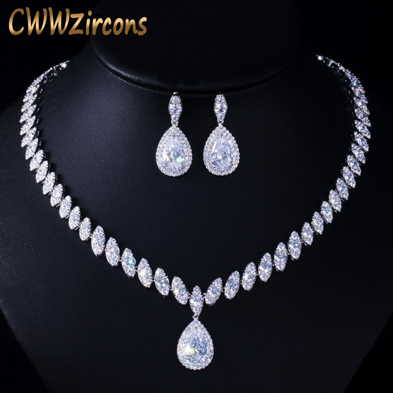 CWWZircons High Quality Cubic Zirconia Wedding Necklace and Earrings Luxury Crystal Bridal Jewelry Sets for Bridesmaids T109