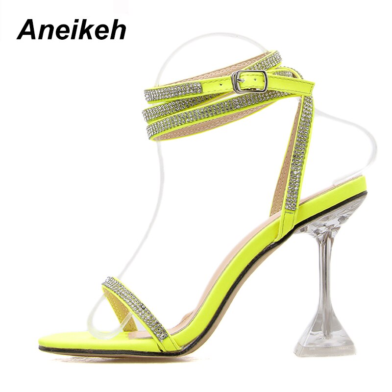 Aneikeh Glitter Rhinestone Pumps Rome Sandals Women Shoes Peep Toe Perspex Heel Stilettos High Heels Sandals Summer Party Shoes