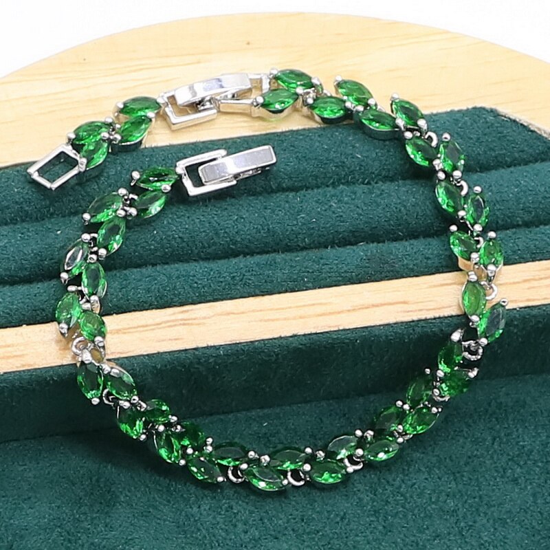 Marquise Green Emerald 925 Sterling Silver Jewelry set for Women Bracelet Earrings Necklace pendant Ring