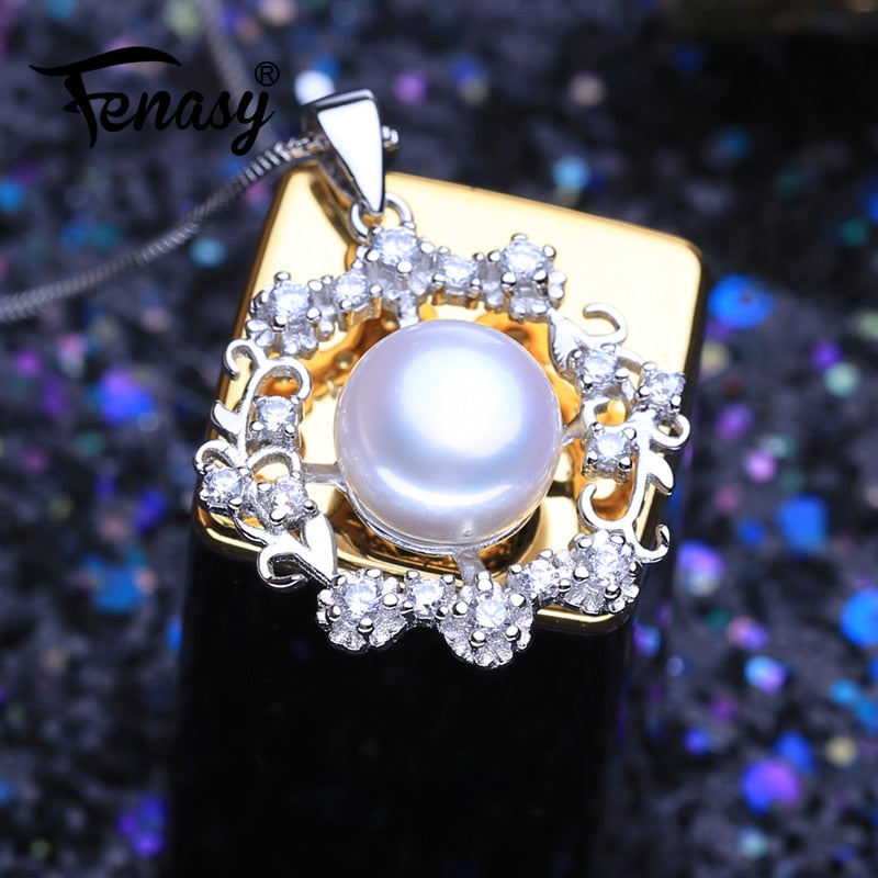 FENASY 925 Sterling Silver Pendant Necklace Natural Pearl Jewelry Sets For Women Classic Stud Earrings Fashion Party Rings