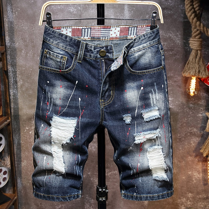 Men's Graffiti Ripped Short Jeans 2021 Summer New Fashion Casual Slim Big Hole Retro Style Denim Shorts Male Brand Clothes