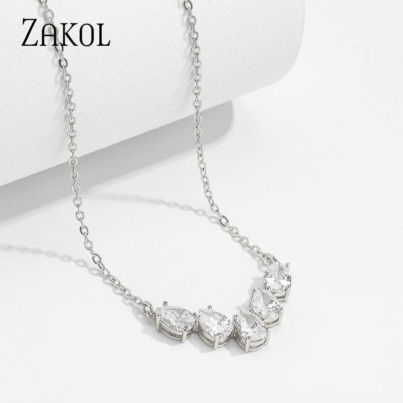 ZAKOL Brand Design Unique Water Drop Zirconia Crystal Pendant Necklaces for Elegant Women Fashion Bridal Jewelry FSNP2110