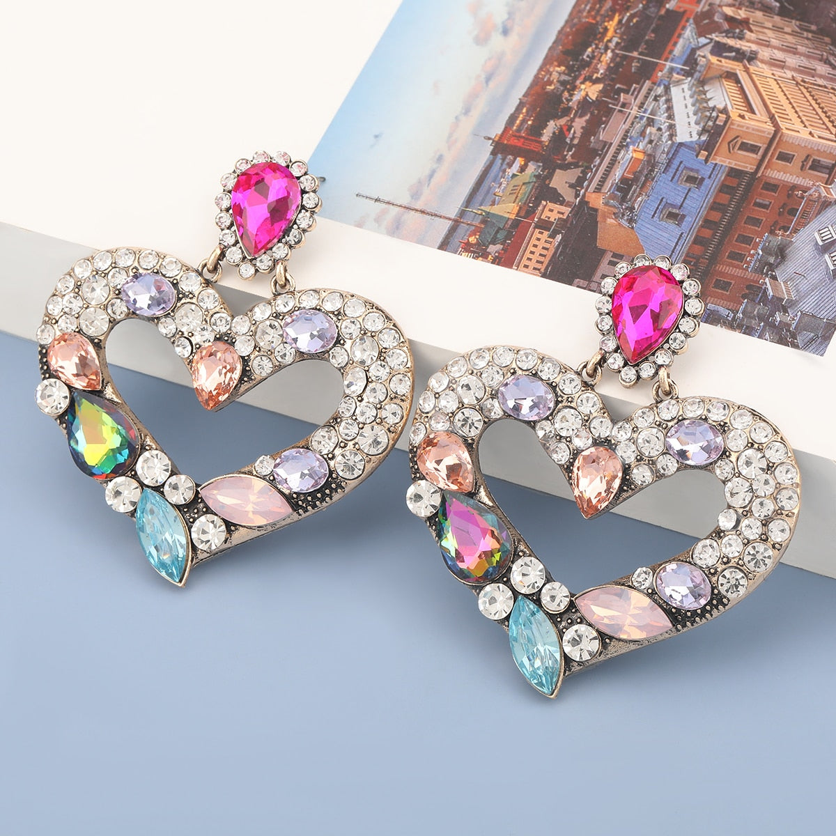 New Fashion women's Color Matching Big Rhinestone Love Heart-shaped Star Drop Earrings women's Jewelry Temperament Accessories