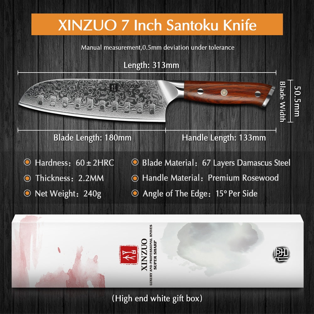 XINZUO 7'' inch Santoku Kitchen Knives 67 Layers Damascus Steel Chef Knife Rosewood Handle Dealing with Meat Fruit Vegetables