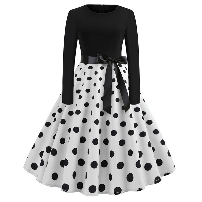 Winter Dresses Women 50S 60S Vintage Robe Swing Pinup Elegant Party Dress Long Sleeve Casual Plus Size Print Black