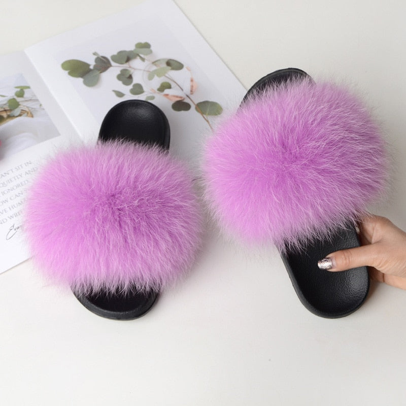 Women Summer Furry Fur Slippers Flat Non-slip Solid Real Fox Fur Slides Fluffy Slippers Ladies Shoes Woman Home Slipper