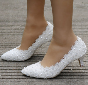 Crystal Queen White Lace Wedding Shoes 5CM Thick kitten Heel Shoes White Lace Pumps Princess Party Birthday Heels