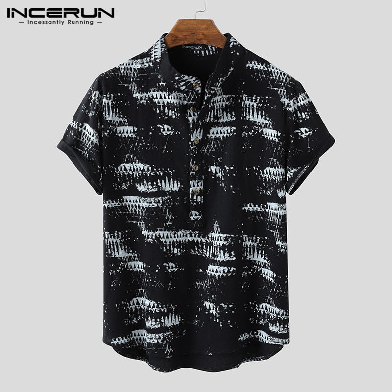 INCERUN Men Vintage Printed Shirts Short Sleeve Stand Collar Shirt Man Casual Buttons Loose Blouse Fashion Cotton Floral Camisa