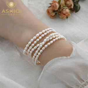 ASHIQI 3-4mm Real natural freshwater pearl elastic bracelet 925 silver bead jewelry for women Valentines Day Jewelry Gift
