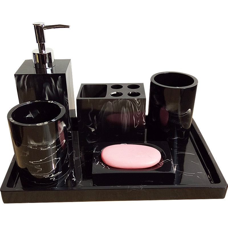 Black Marble Pattern Tray Resin Bathroom Set Toothbrush Holder Soap Dispenser Soap Dish Men's Bathroom Accessories Set Home Deco