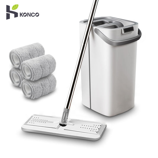 Konco 2021 latest Mop Set Free Hand Wash Flat Mop Cleaning Lazy Tool Kit Floor Cleaner Microfiber mops with Bucket House Cleaner