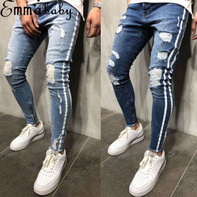 2019 New Brand Fashion Fashion Men's Ripped Skinny Jeans Destroyed Frayed Slim Fit Denim Pant Zipper US