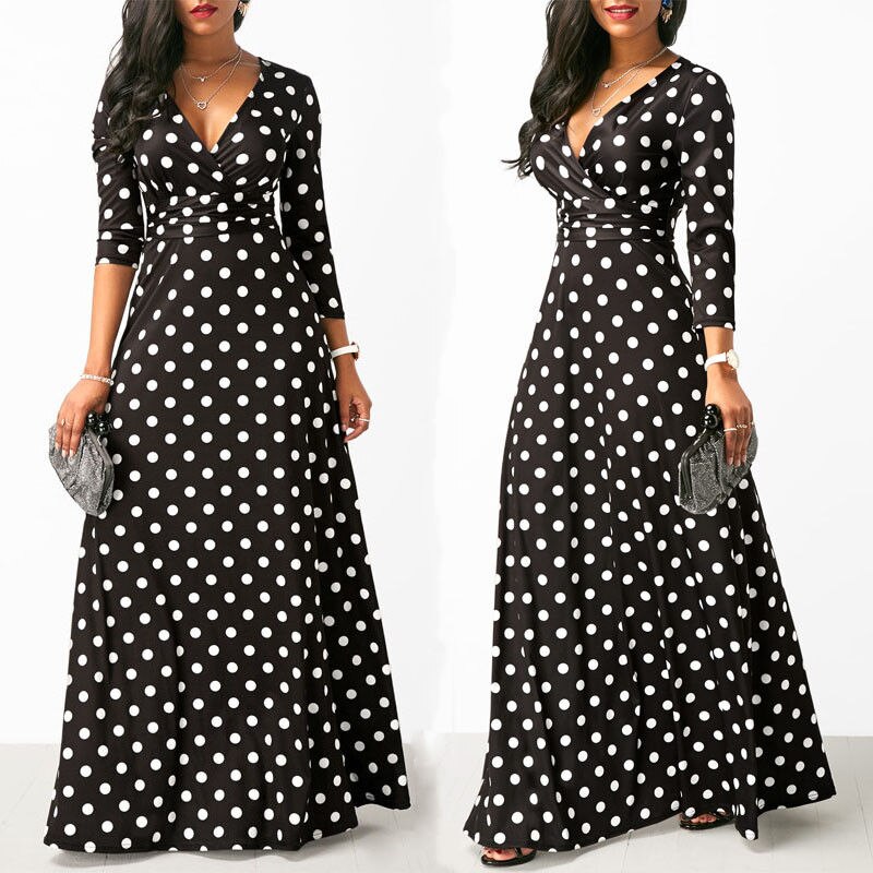 Women Polka Dot Long Sleeve Boho Dress Elegant Vintage Women Dresses Evening Party V Neck Maxi Long Dress Fashion Ladies Dresses